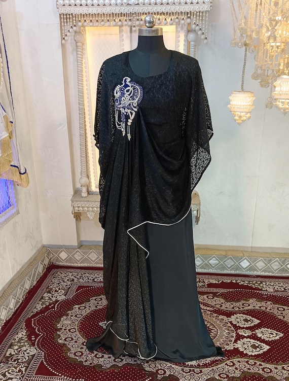 black dubai formal dress Luxury Dubai Black Nude Beaded Spaghetti Strap Evening Dress Gown with Long Cape for Formal Occasion LA72795 main image 0