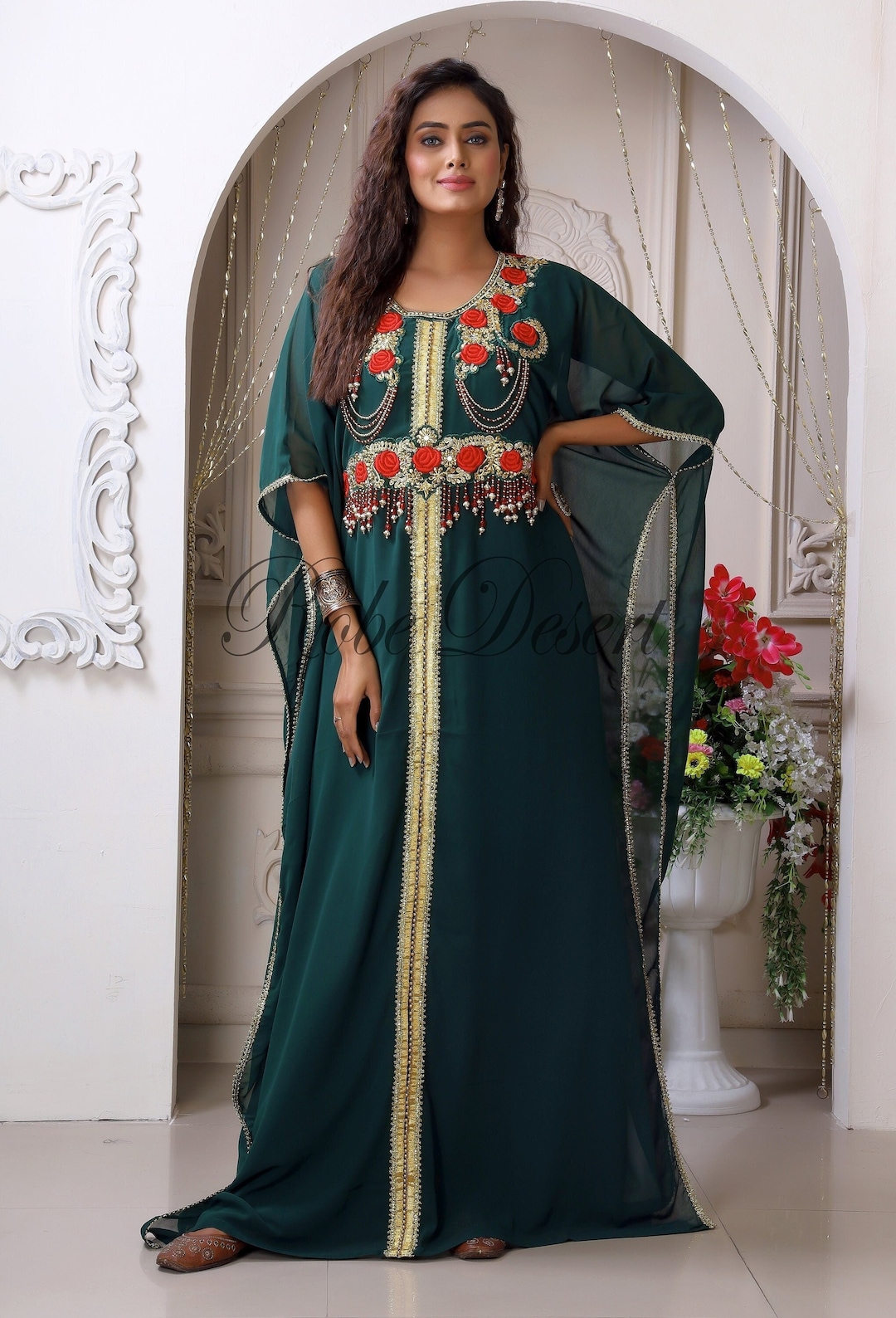 Dark Green Designer Royal Islamic Embroidery Arabian Party Fancy ...