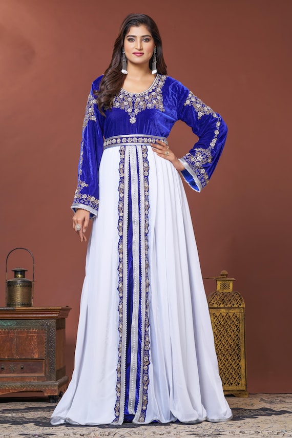 beaded caftan dress Blue & White Hand Beaded Moroccan Caftan: Arabic Wedding Dress with Embroidery Hijab