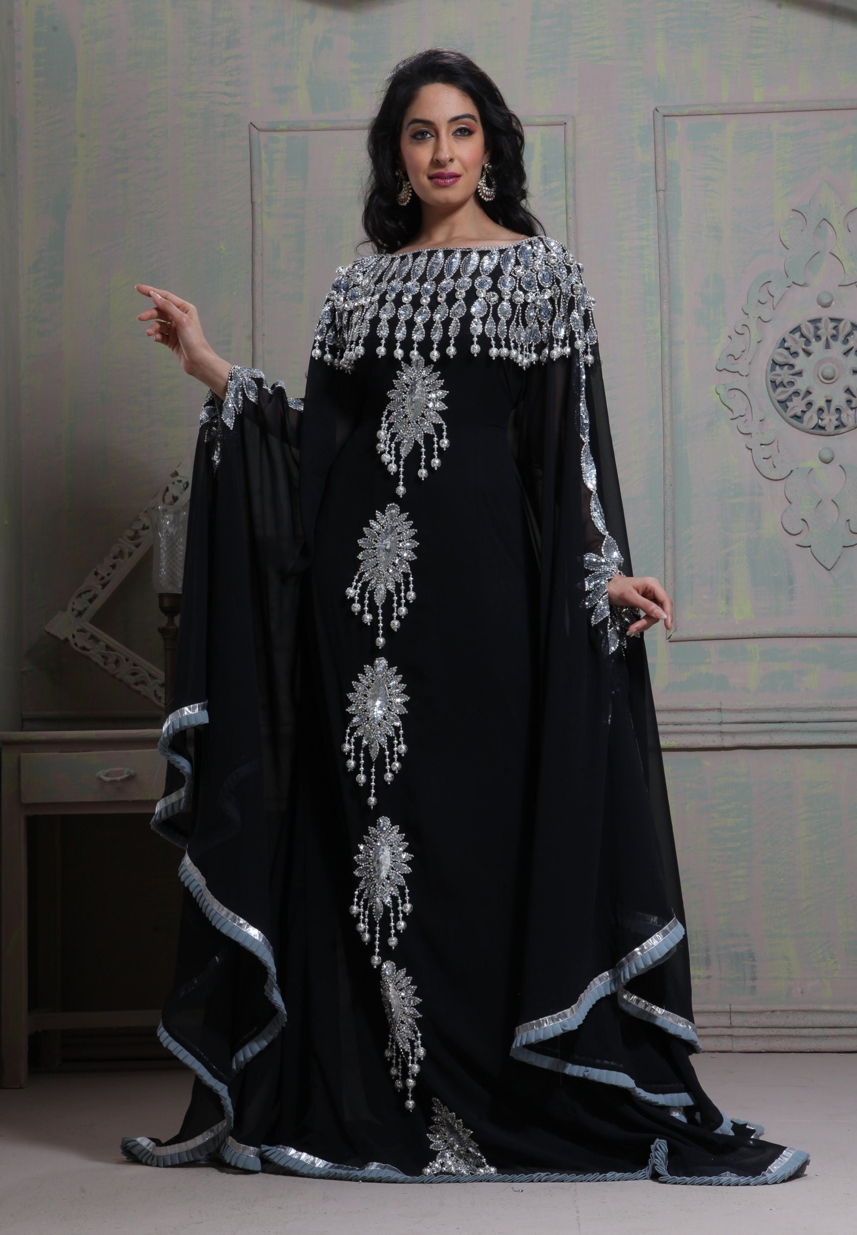 Black Hand Beaded Kaftan: Arabic Maxi Dress, Islamic Party Wear - Etsy
