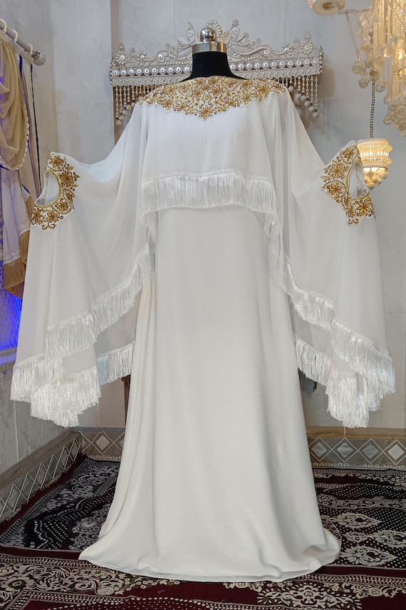 White Embroidered Kaftan Dress with Islamic Party Maxi with Free Plain Hijab