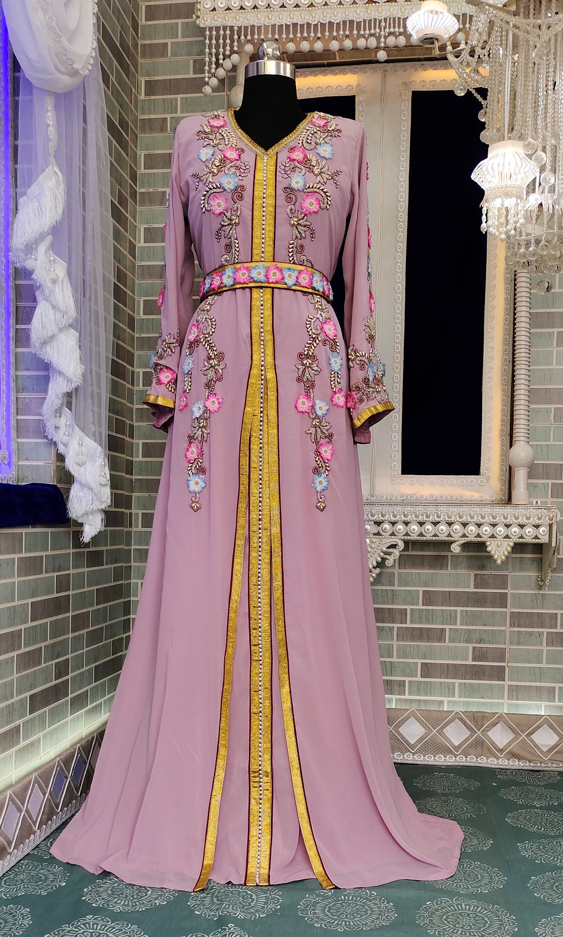 Hand Beaded Moroccan Kaftan: Pink Flower Takchita Wedding Dress