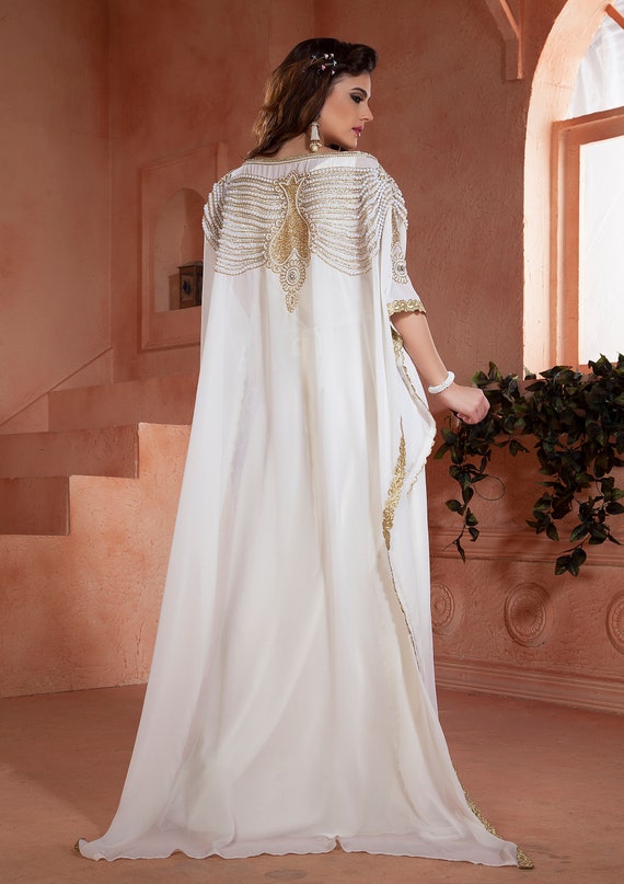 White Designer Kaftan Maxi Dress: Arabic Takchita with Free Hijab White Designer Kaftan Maxi Dress: Arabic Takchita with Free Hijab