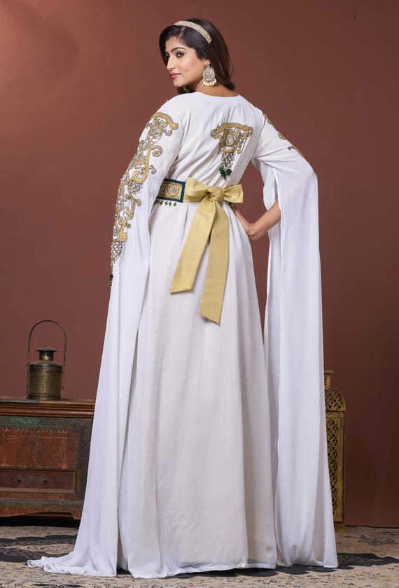 white and gold moroccan dress Luxury White & Gold Moroccan Wedding Caftan Handmade Gold Embroidery | Bridal Kaftan with Golden Belt