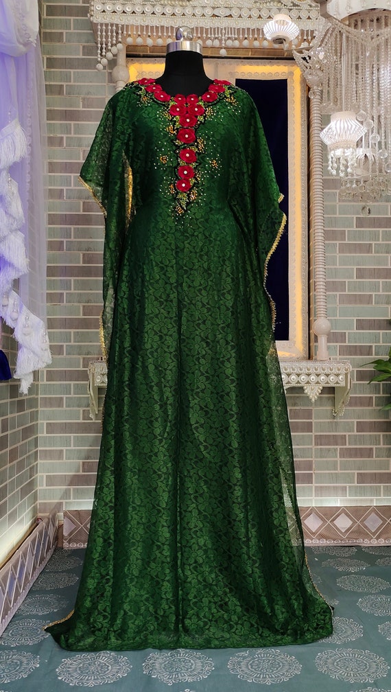 Dark Green Designer Islamic Fancy Arabic Womens Takchita Hand