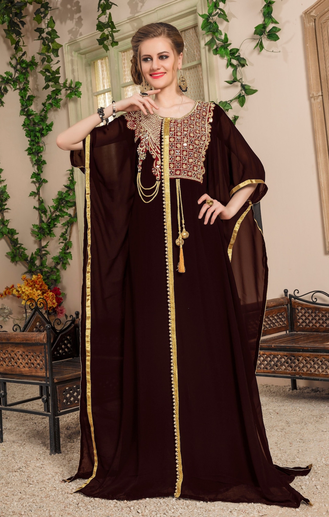 Brown Embroidered Islamic Kaftan: Luxury Arabic Maxi Dress With Hijab ...