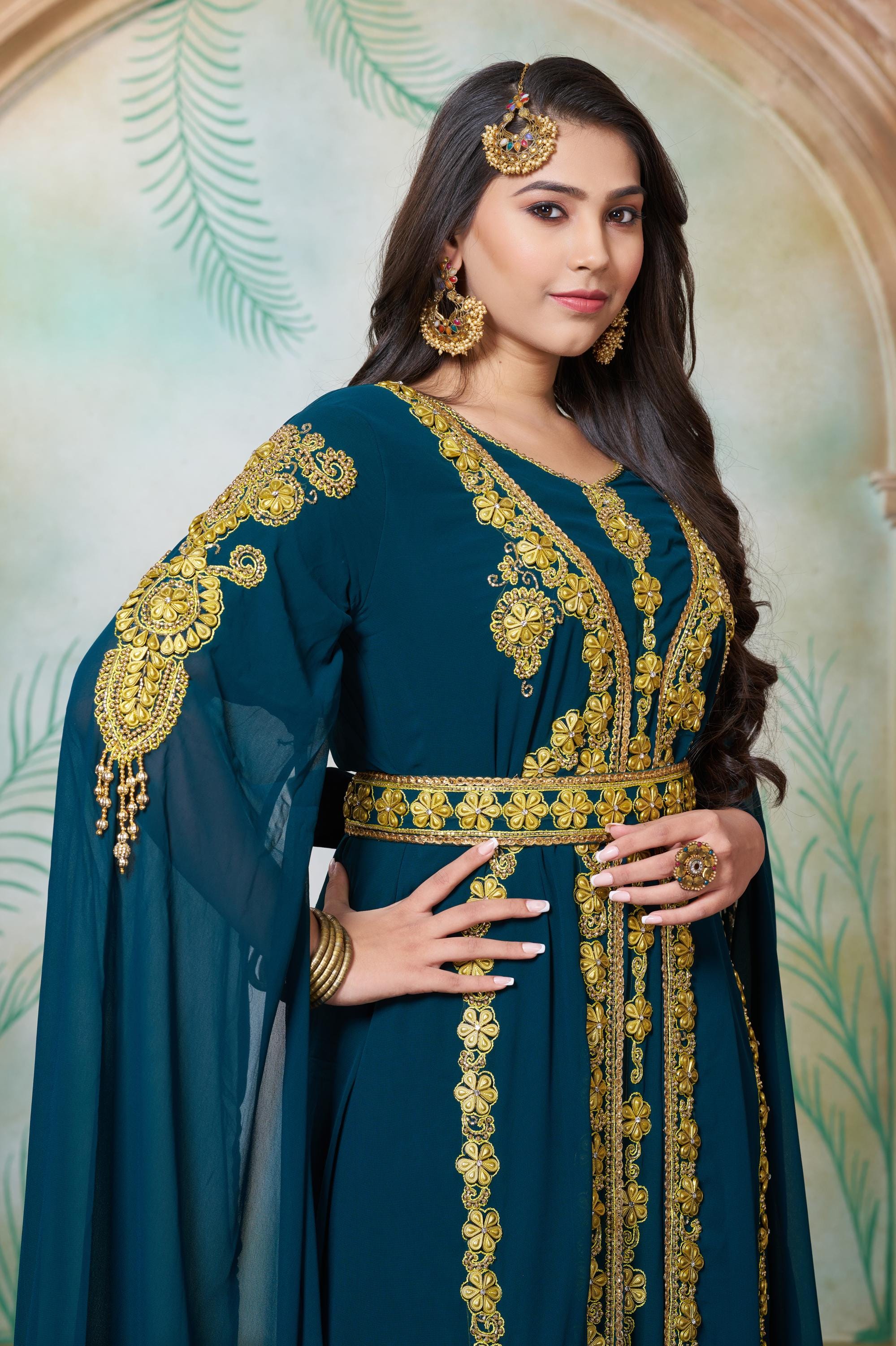 Bottle Green Hand Beaded Moroccan Caftan: Arabic Party Dress With