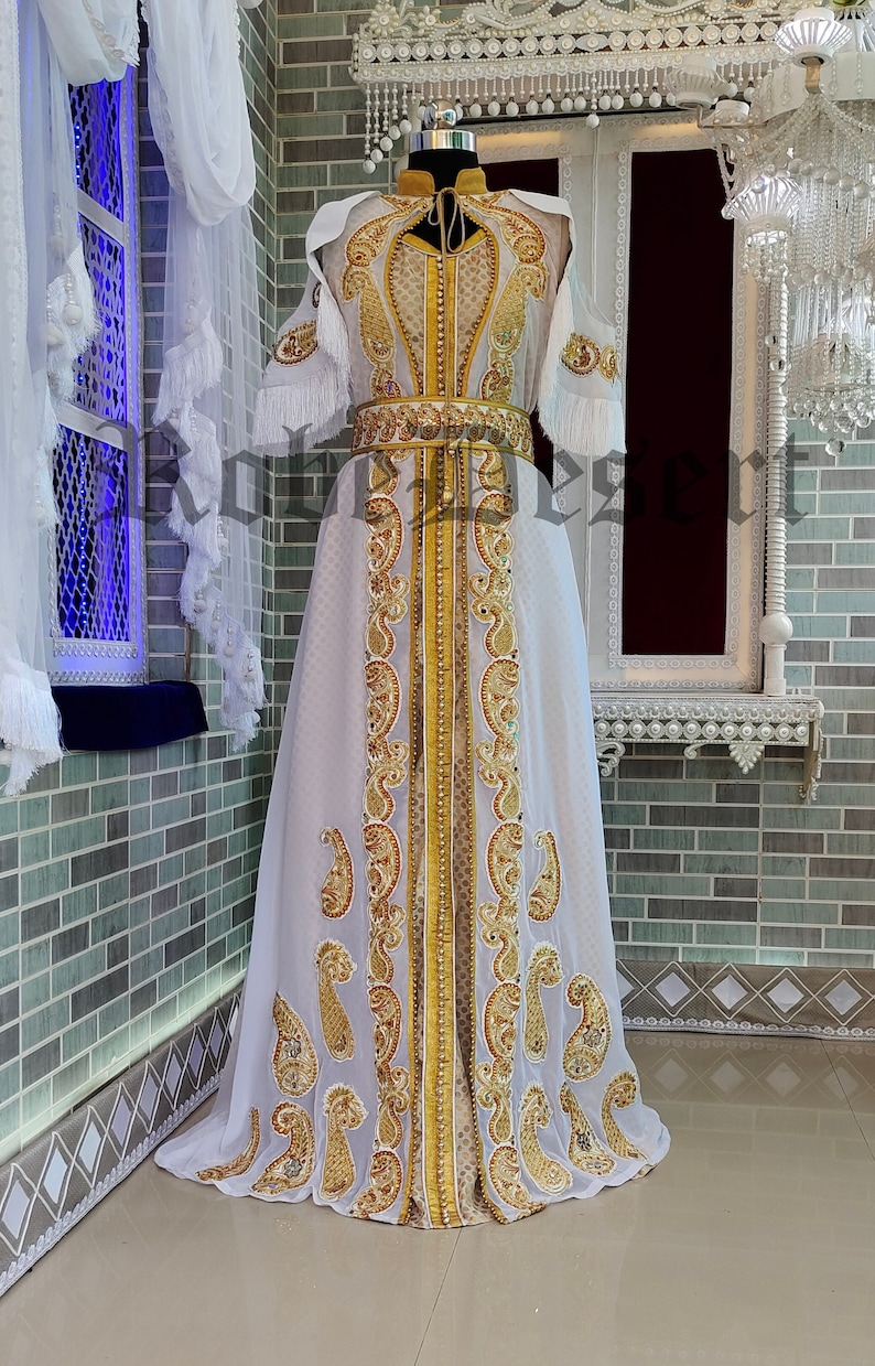 White Unique Designer Moroccan Kaftan / Arabic Takchita Maxi Dress / Islamic Embroidery Party Wear Wedding Kaftan / Israeli Moroccan Kaftan image 2