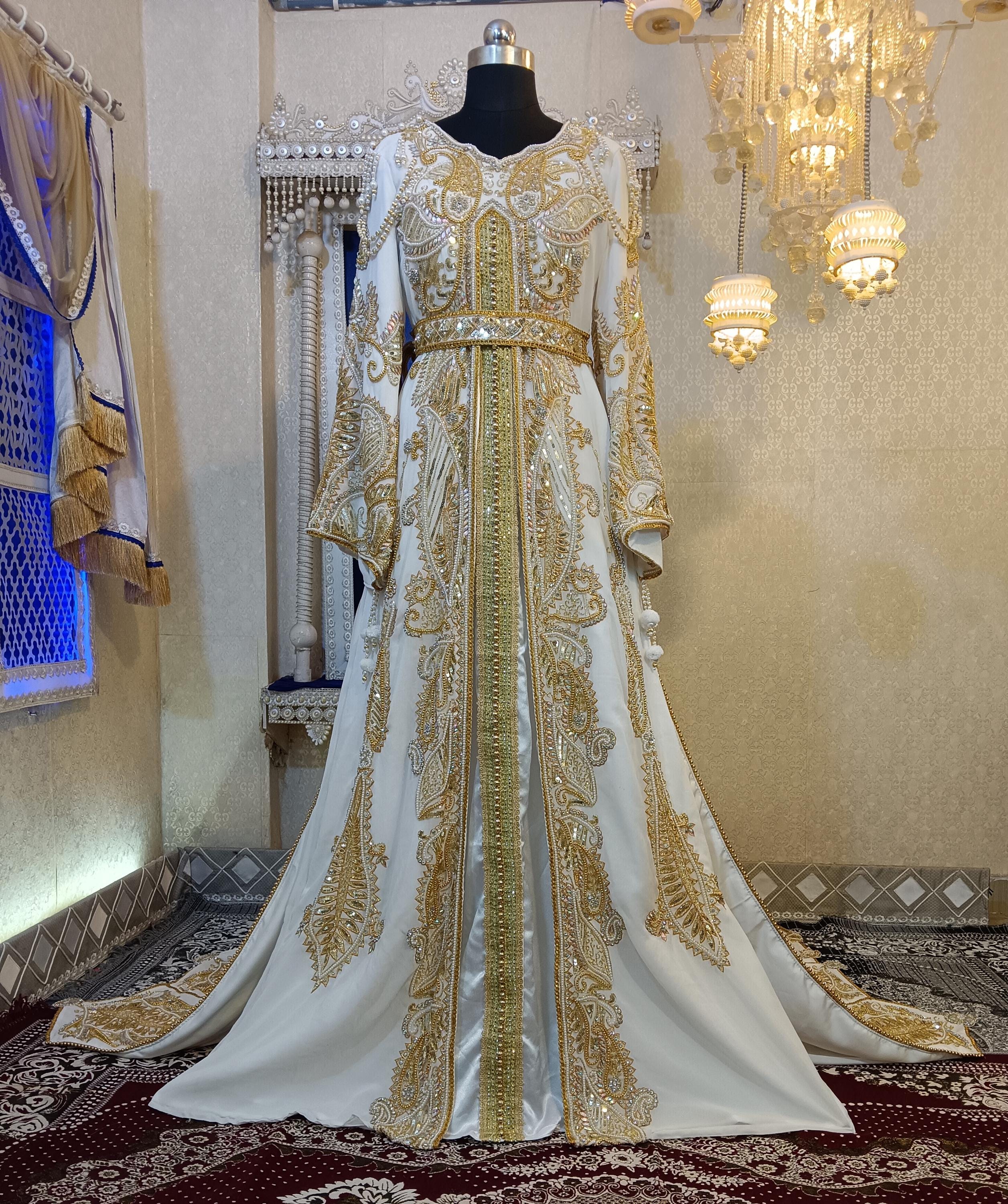 Hand Beaded White Moroccan Kaftan: Islamic Wedding Takchita With