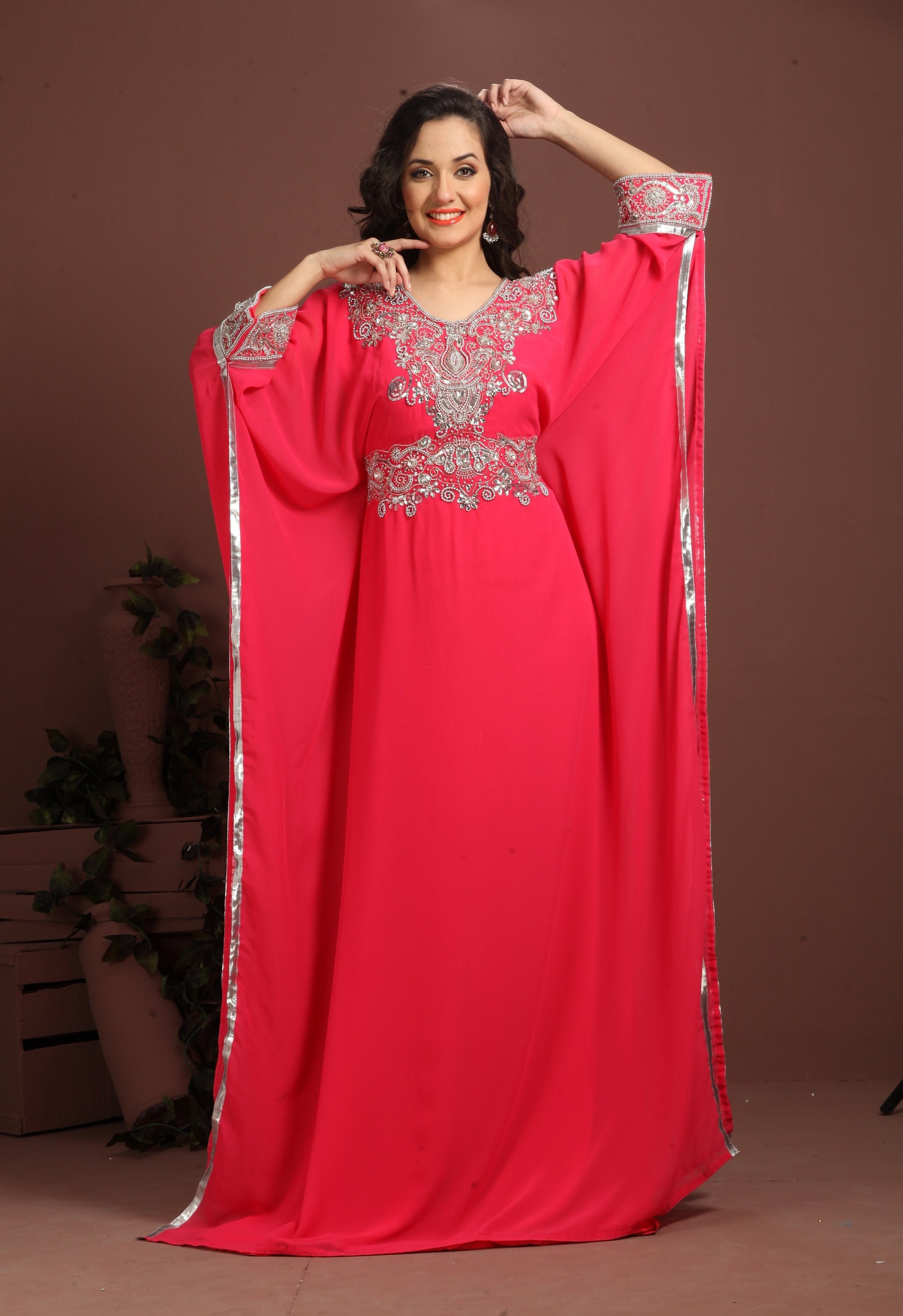 Gulal Pink Hand Beaded Kaftan: Dubai Moroccan Maxi Gown - Etsy