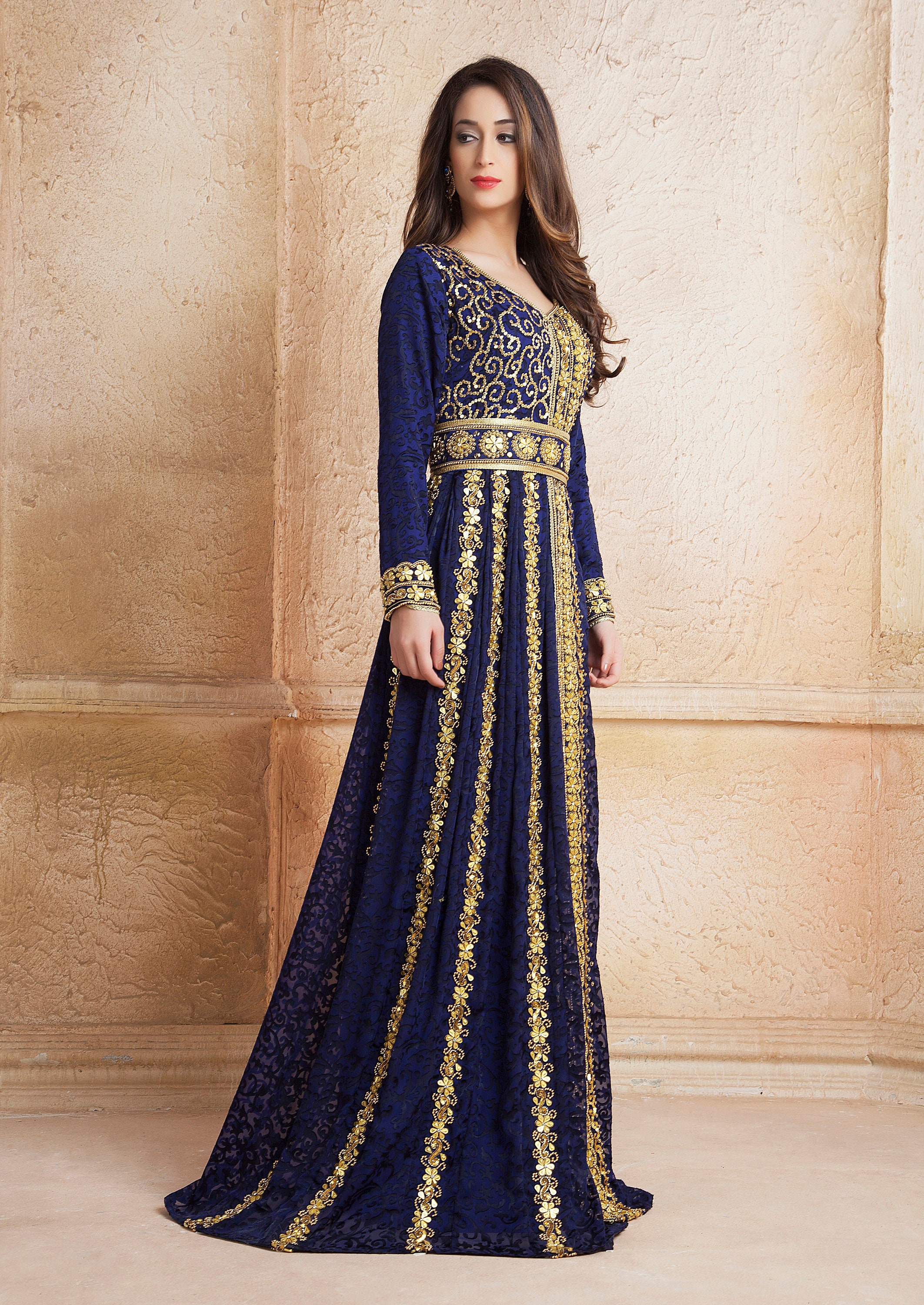 Buy Dark Blue Color Designer Takchita Moroccan Kaftan With