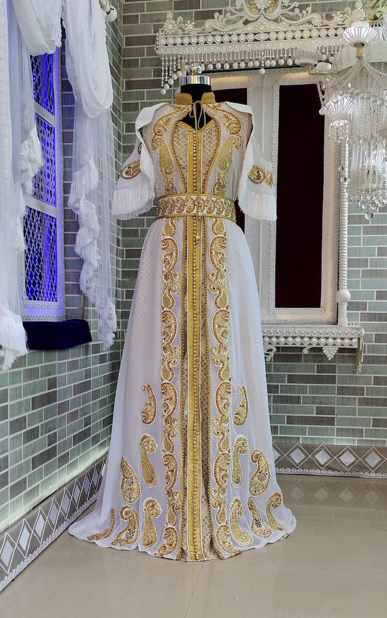 White Unique Designer Moroccan Kaftan / Arabic Takchita Maxi Dress / Islamic Embroidery Party Wear Wedding Kaftan / Israeli Moroccan Kaftan image 1