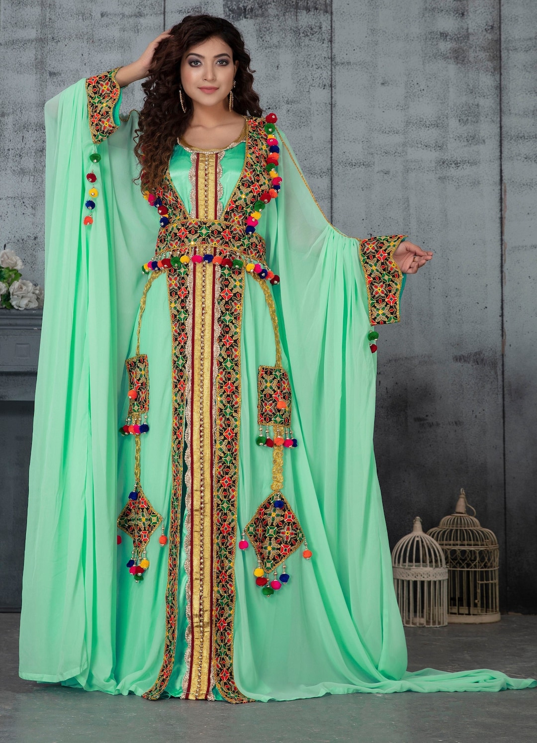 mira green velvet floral embroidered kaftan dress Mira Sage Green Floral Embroidered Kaftan Dress