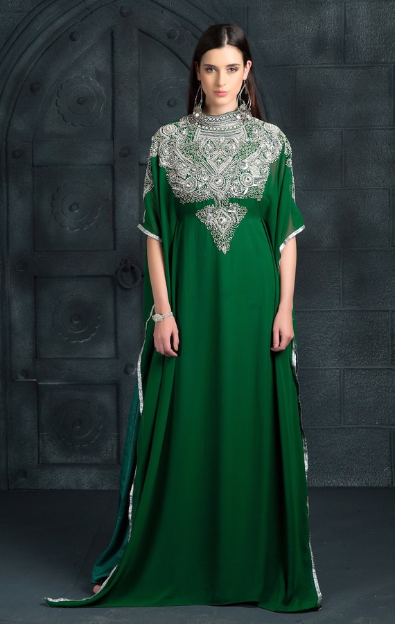 Green Beaded Moroccan Kaftan: Dubai Formal Dress With Hijab - Etsy Israel