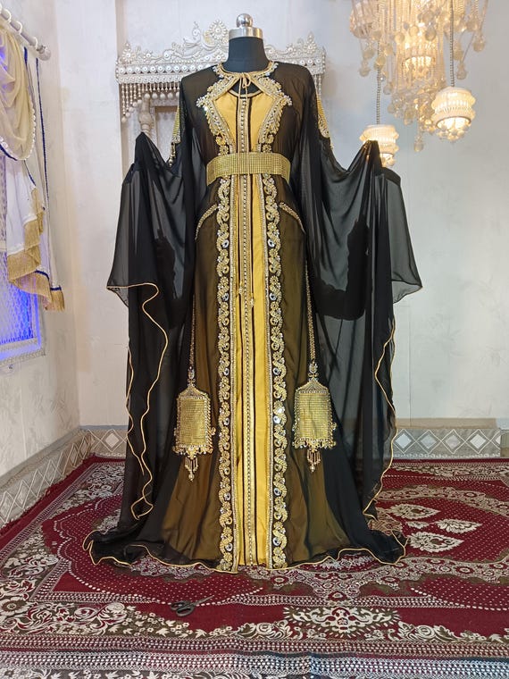 Black and Gold Moroccan Kaftan: Embroidered Arabic Maxi Dress