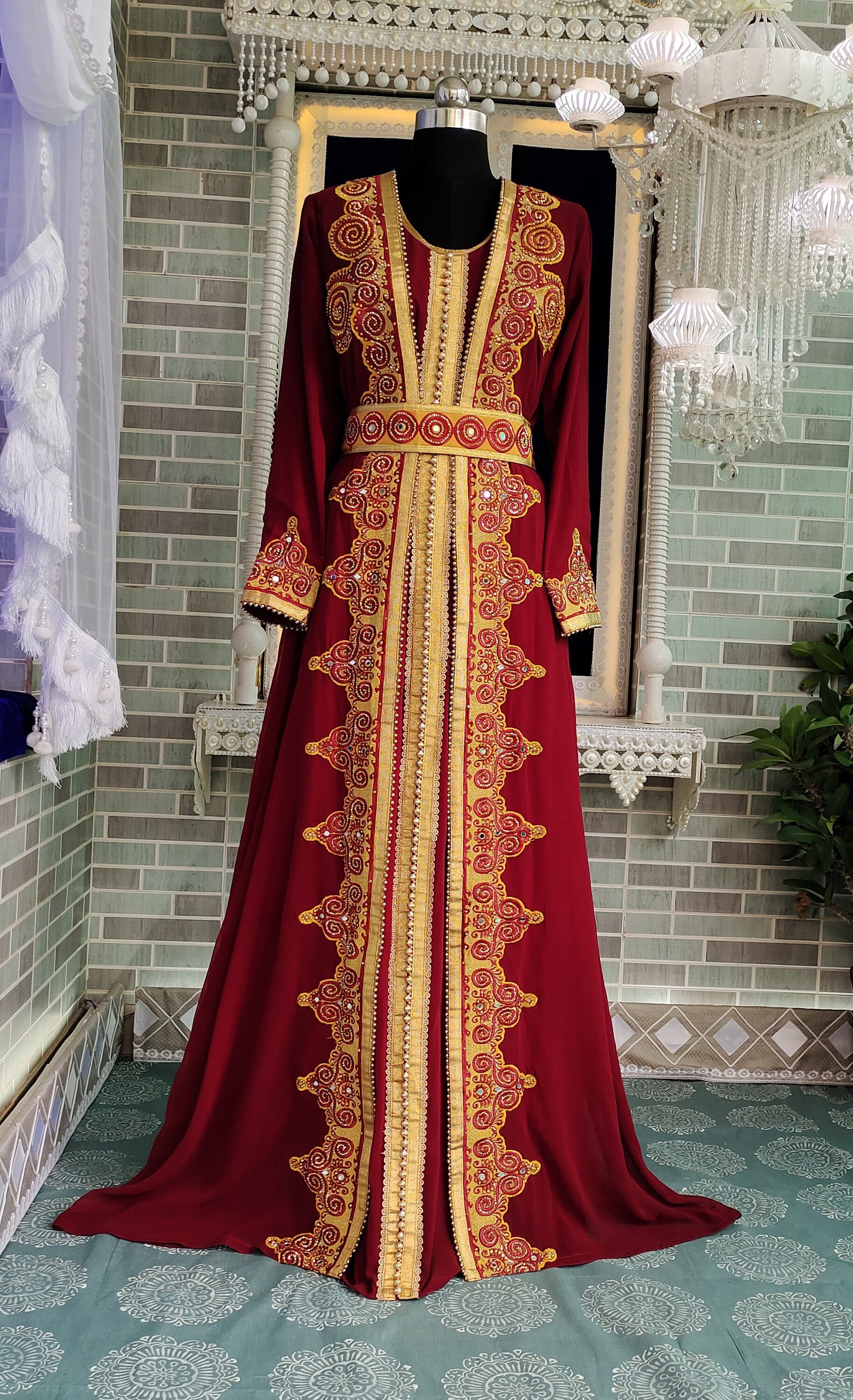 Maroon Islamic Moroccan Embroidery Takchita Arabic Stylish Designer Maxi Dress Israeli Floor Length Party Wear Wedding Kaftan Etsy