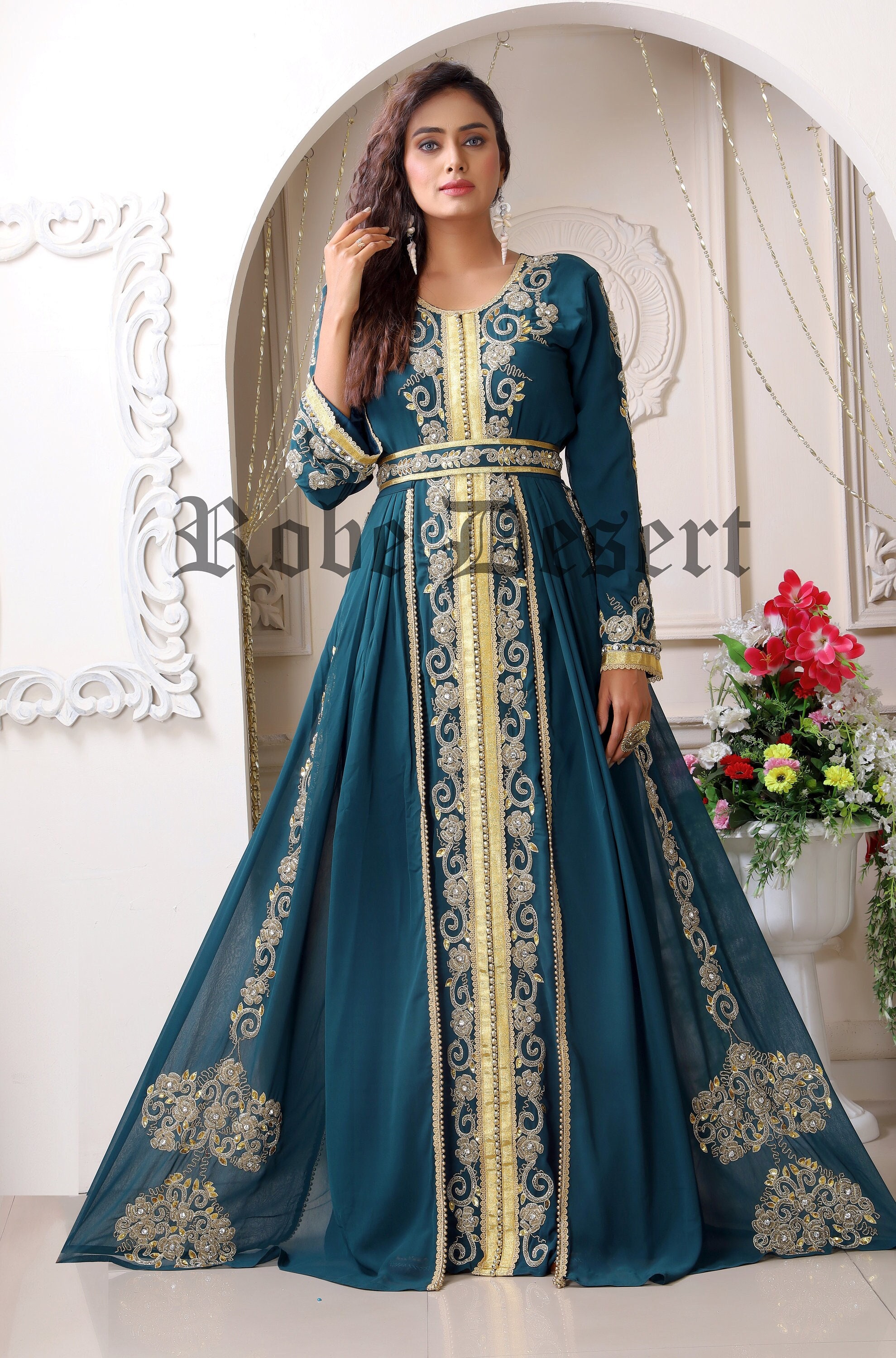 Bottle Green Hand Beaded Kaftan: Arabic Maxi Dress With Embroidery