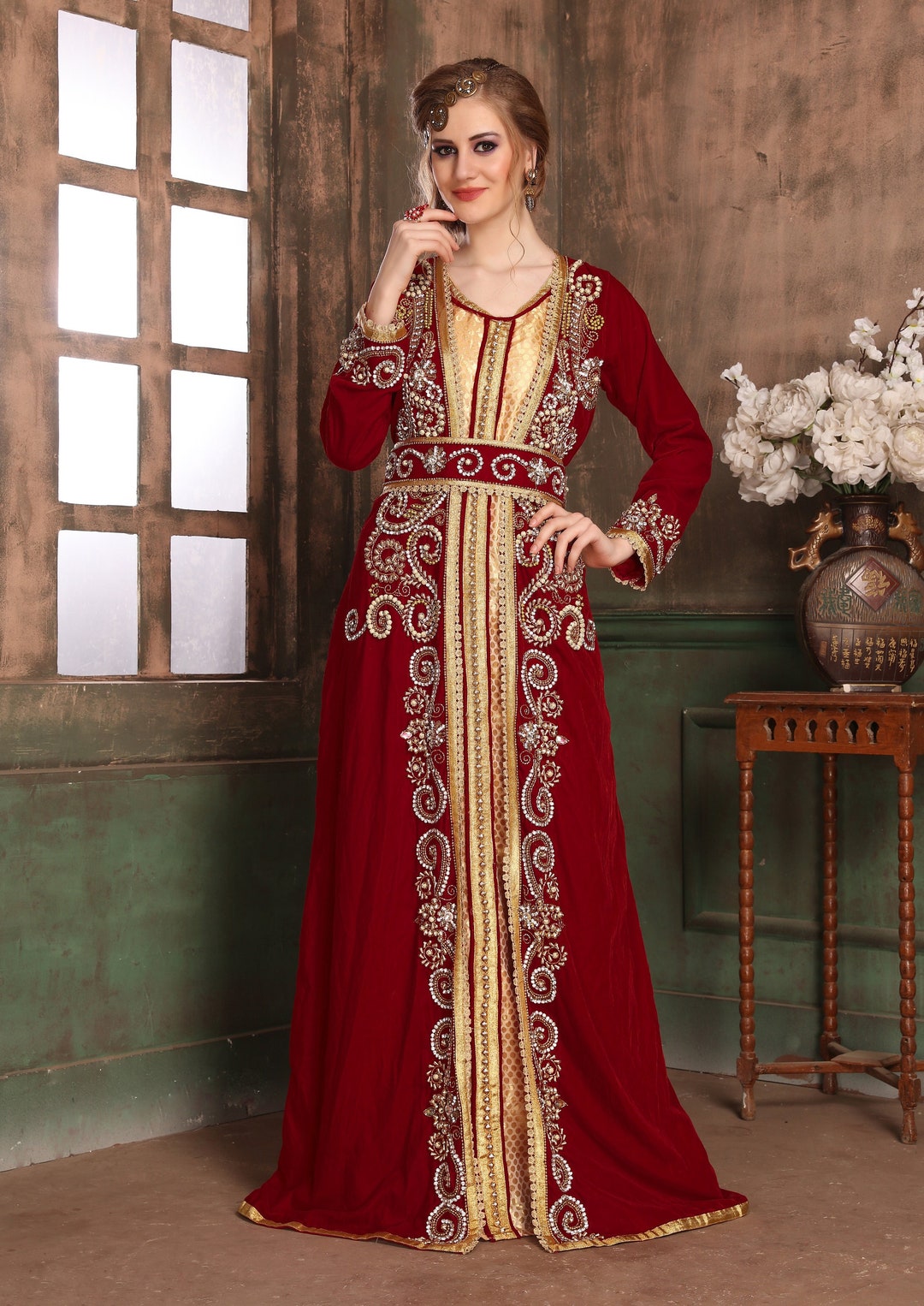 Hand Beaded Maroon Dubai Kaftan: Arabic Wedding Maxi Dress With Hijab ...