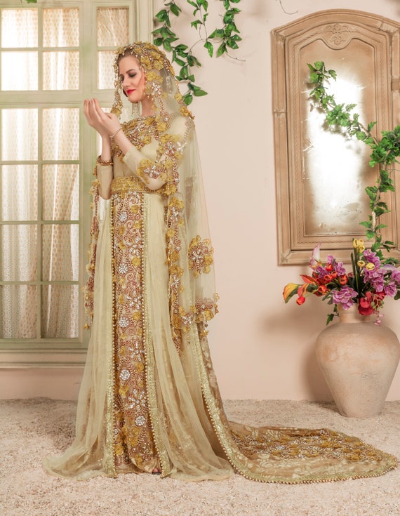 Beige and off White Wedding Designer Islamic Takchita Maxi Dress Israeli Hand Beaded Modest Arabic Moroccan Kaftan With Embroidery Hijab Etsy UK
