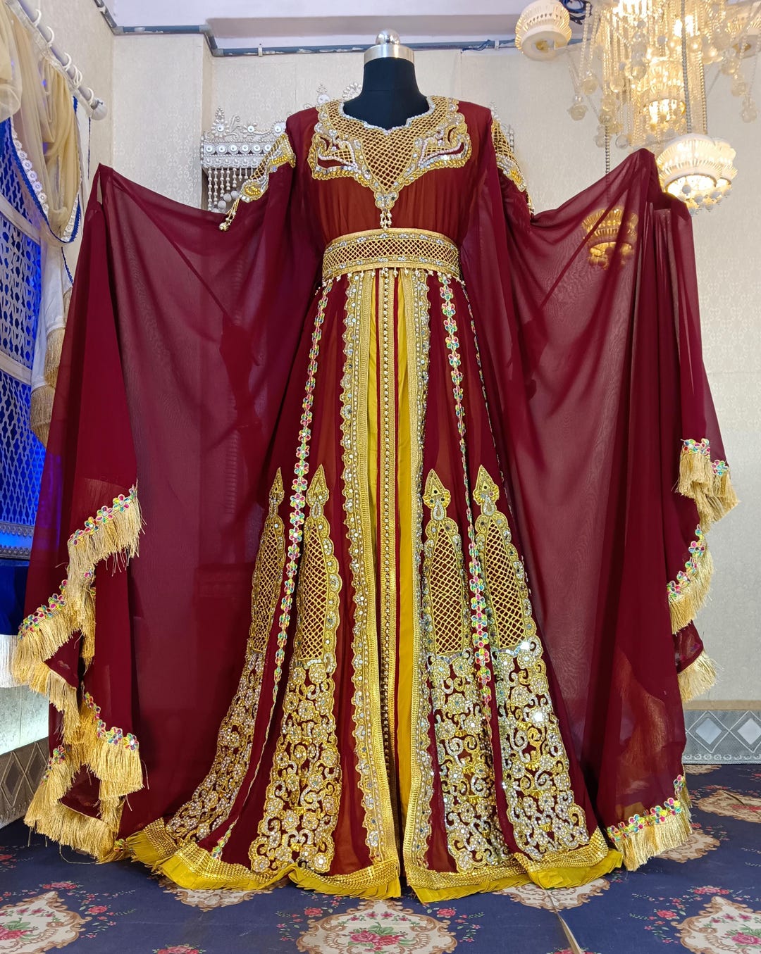 Maroon Embroidered Padmini T-Shirt + Mehrab Taffeta Skirt Set main image 1