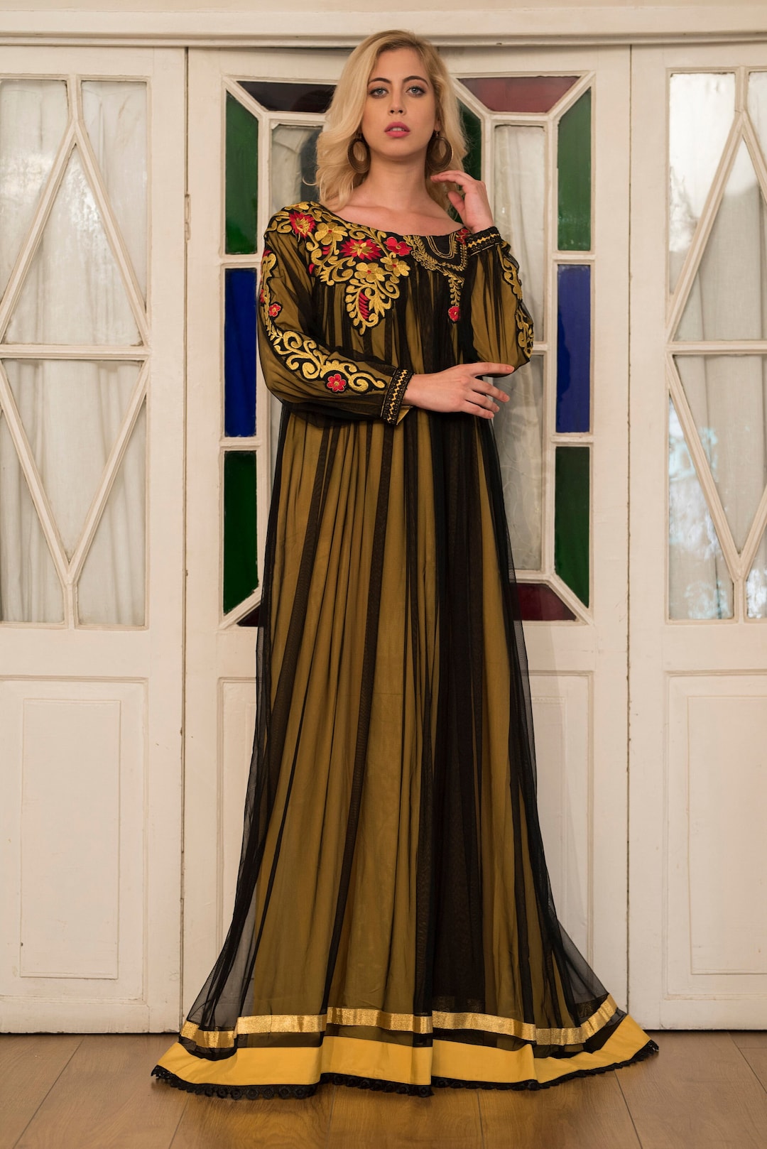 black and gold embroidered maxi dress Embroidered Long Dress Saiid Kobeisy