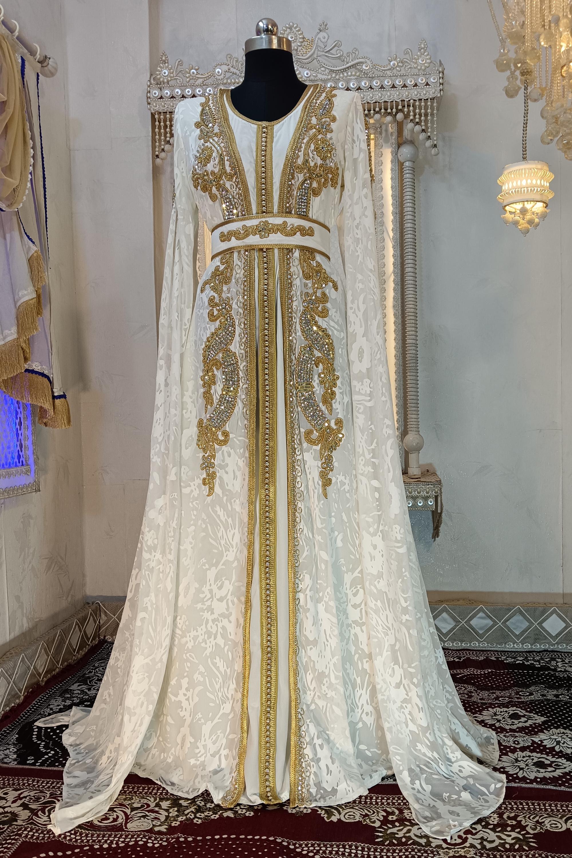 White and Gold Moroccan Kaftan: Hand Beaded Maxi Dress With
