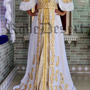 White Unique Designer Moroccan Kaftan / Arabic Takchita Maxi Dress / Islamic Embroidery Party Wear Wedding Kaftan / Israeli Moroccan Kaftan image 5