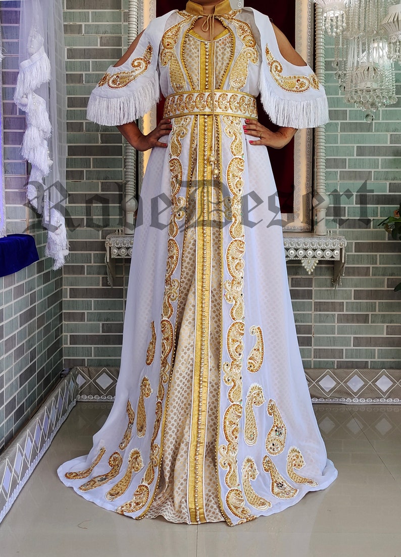 White Unique Designer Moroccan Kaftan / Arabic Takchita Maxi Dress / Islamic Embroidery Party Wear Wedding Kaftan / Israeli Moroccan Kaftan image 5