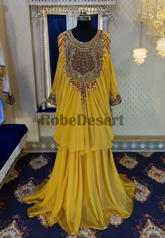Golden Yellow Moroccan Caftan: Dubai Farasha Maxi Gown