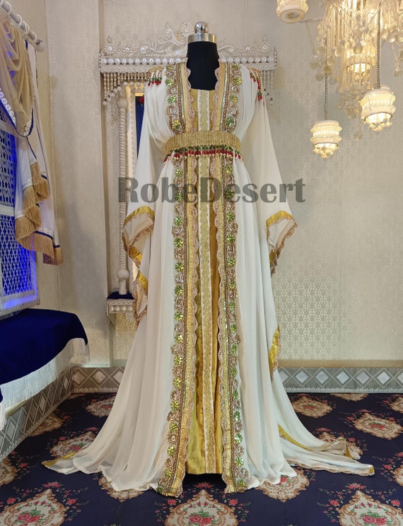 slim fit dress slacks Elegant Moroccan White Caftan with Gold Metallic Floral Brocade main image 0