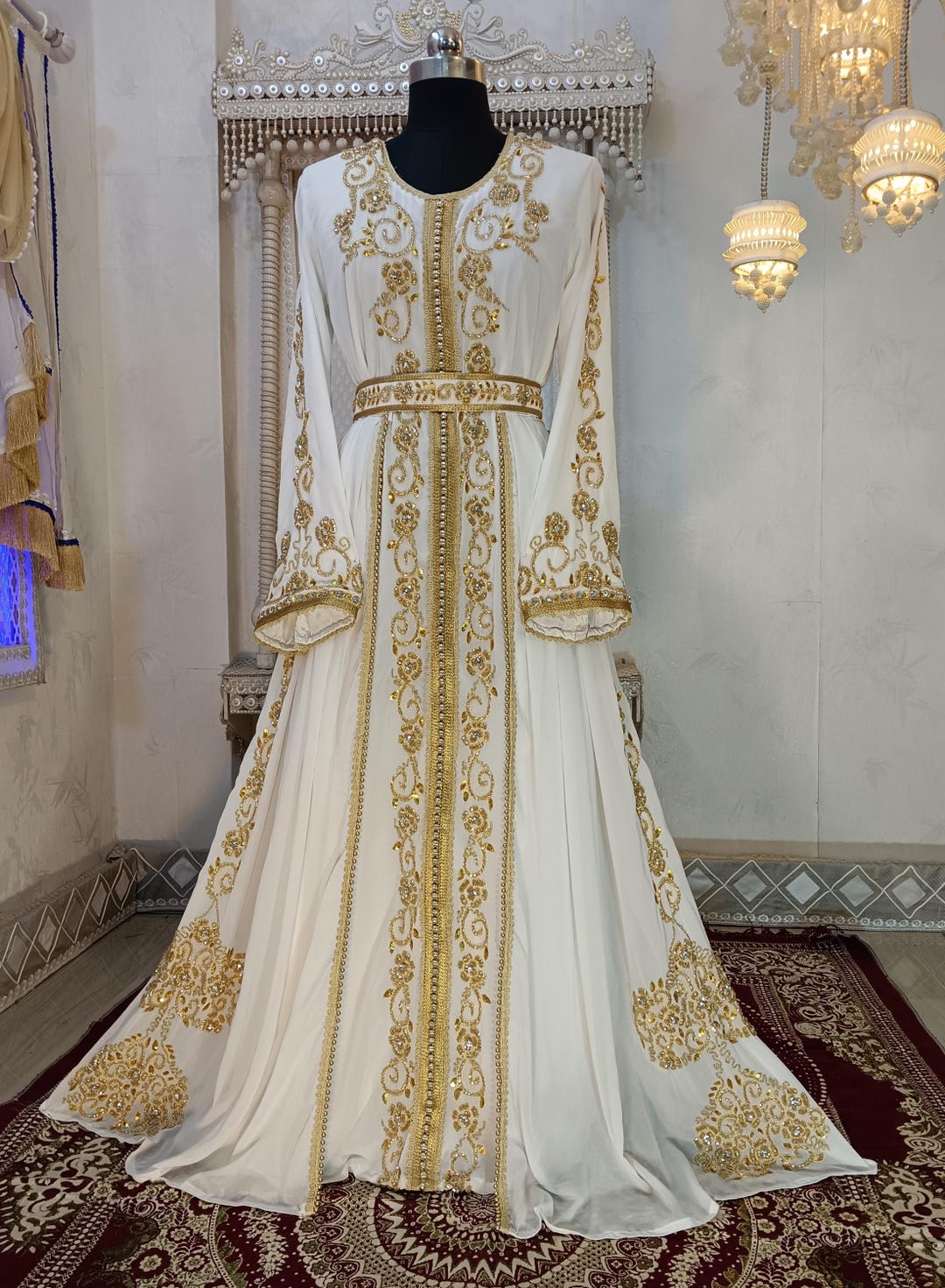 White and Gold Islamic Kaftan, Hand Beaded Moroccan Wedding Maxi