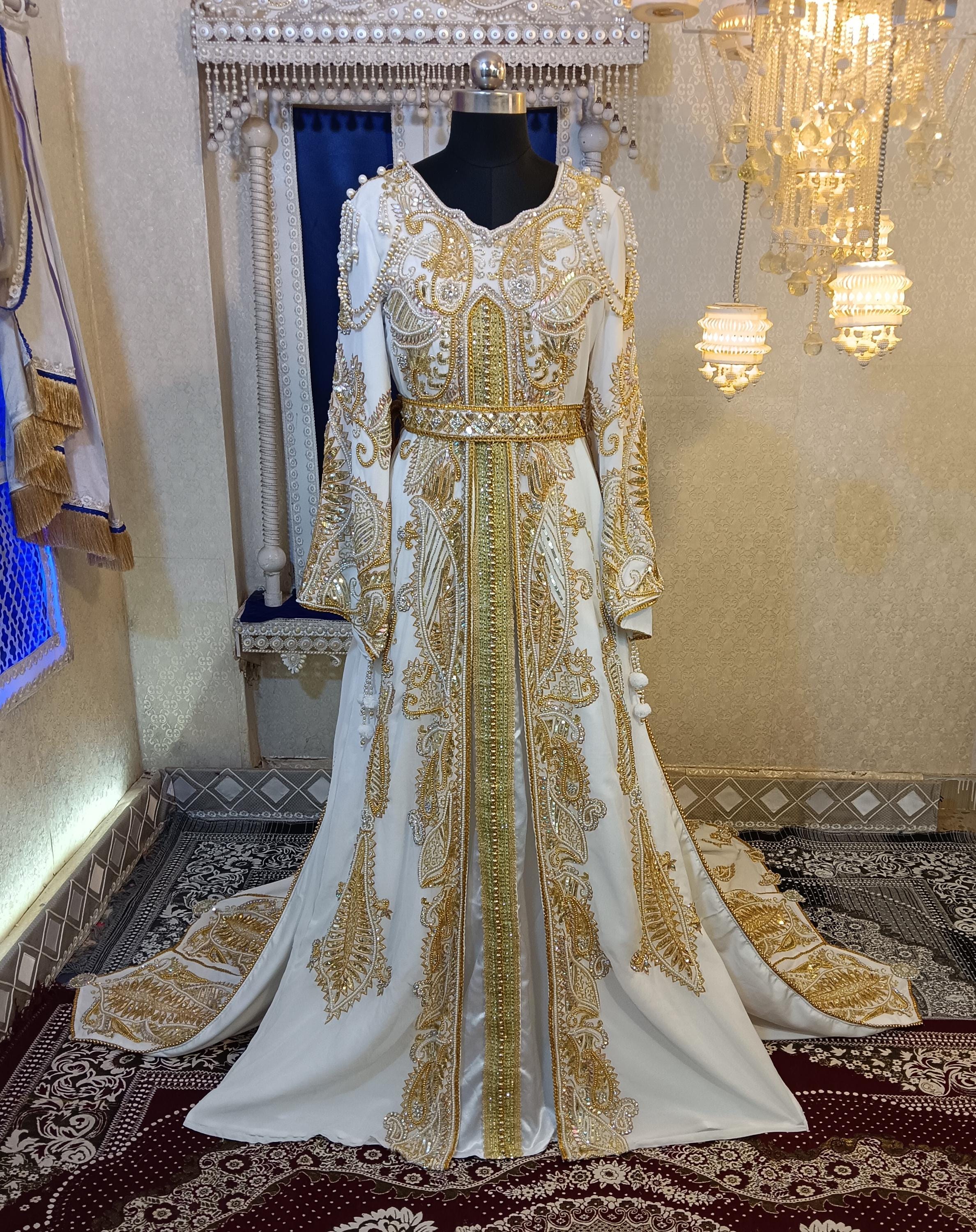 Hand Beaded White Moroccan Kaftan: Islamic Wedding Takchita With