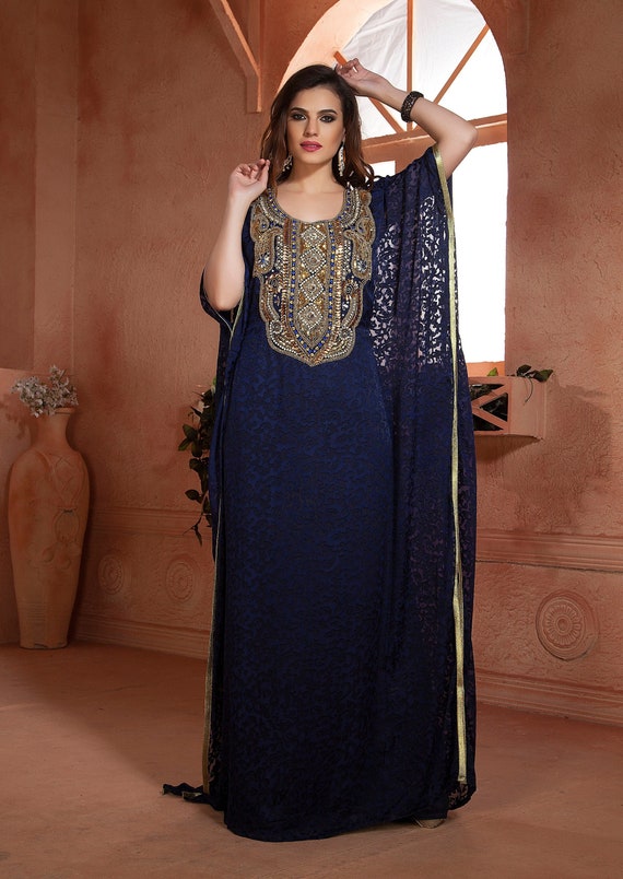 Dark Blue Designer Dubai Islamic Wedding Takchita Arabic Modern Kaftan Maxi Hand Beaded Caftan Farasha Dress With Free Plain Hijab Etsy Canada