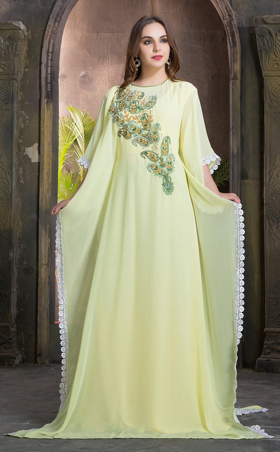 Lemon Yellow Hand Beaded Designer Dress Crafted Takchita African Kaftan with Free Plain Hijab