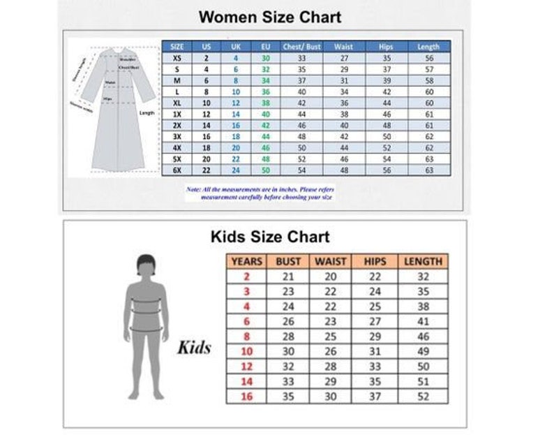 Op de afbeelding: Maattabel voor dames- en kinderkleding. De tabel toont maten in US, UK en EU maten, evenals metingen voor borst, taille, heupen en lengte in inches. De tabel is verdeeld in twee secties: damesmaten en kindermaten.