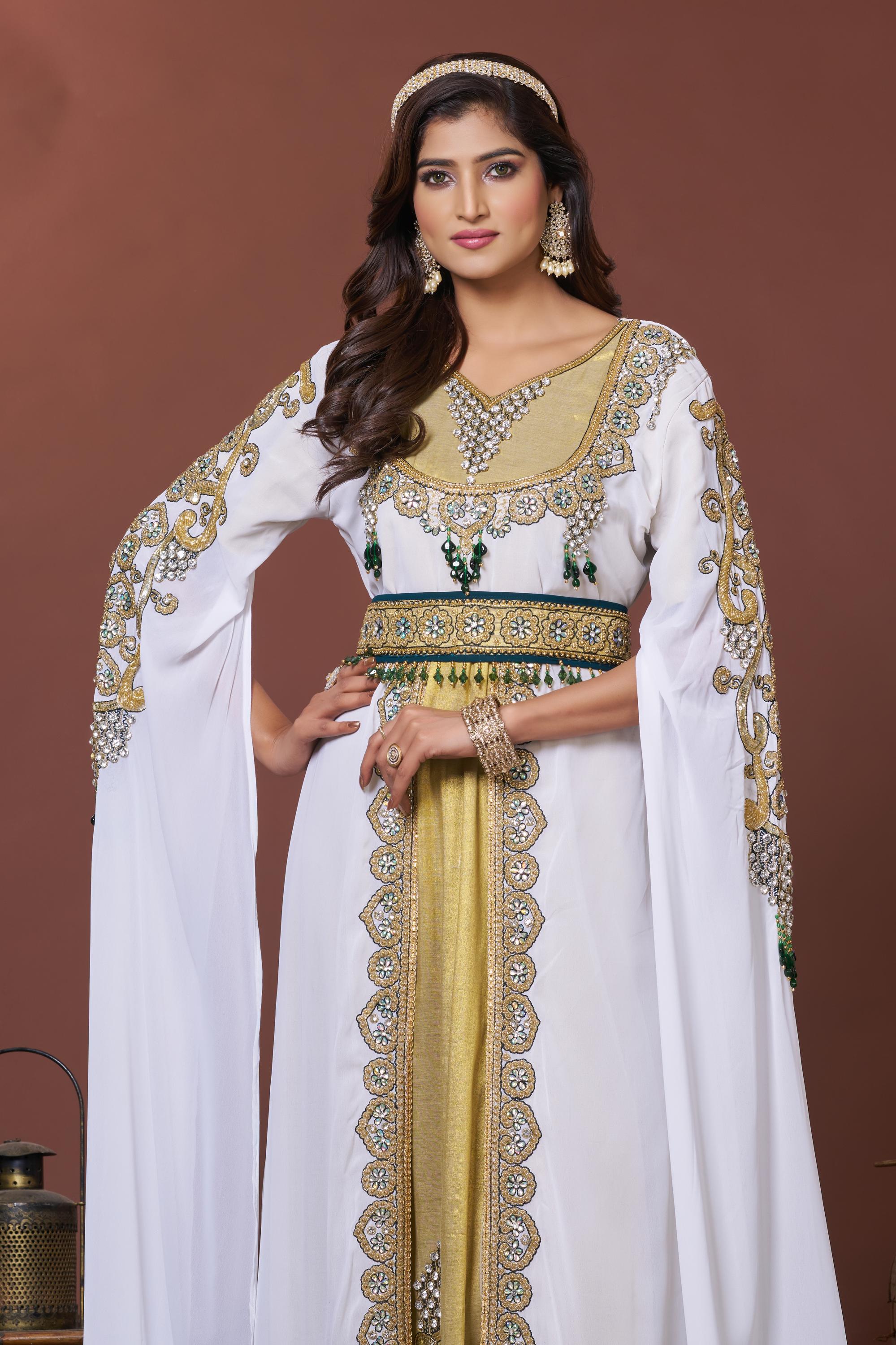 white and gold moroccan dress White and Gold Islamic Kaftan, Hand Beaded Moroccan Wedding Maxi Dress with Embroidery Hijab