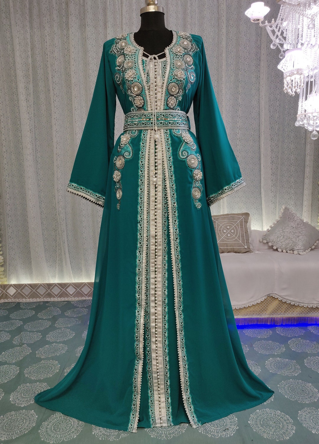 Sea Green Embroidery Maxi Dress Takchita Dubai Muslim Dress African ...