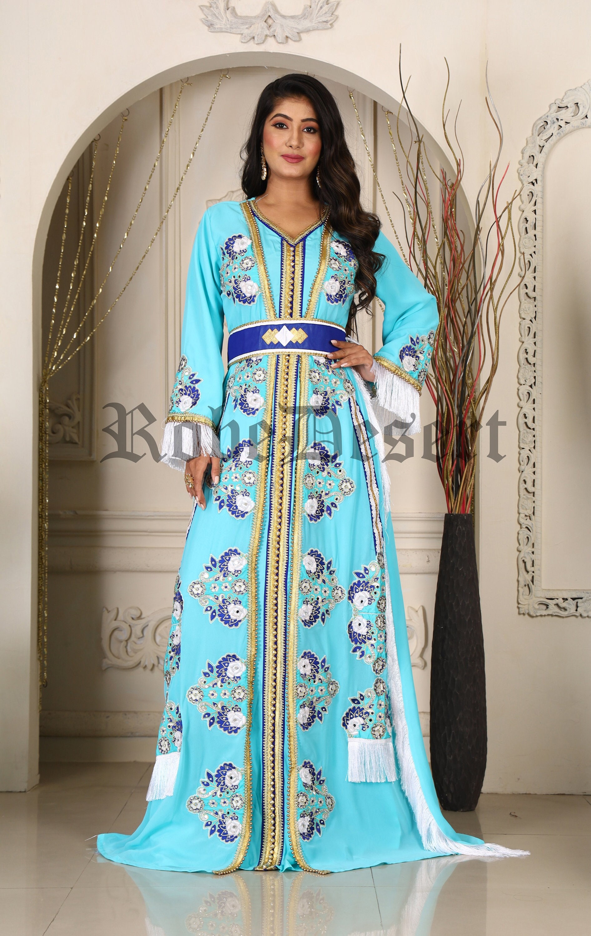 Arabic Palm Green Color Real Velvet multi Print Modern Kaftan