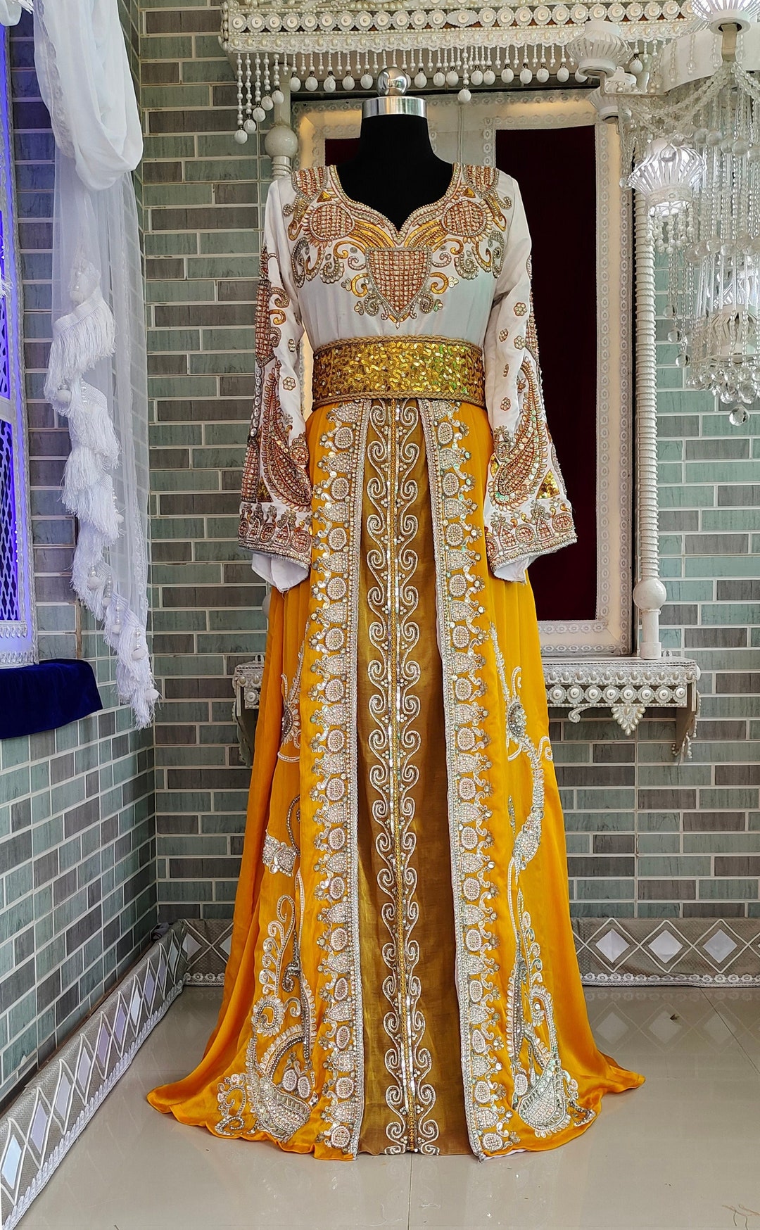 Hand Beaded Moroccan Caftan: White and Gold Wedding Takchita With