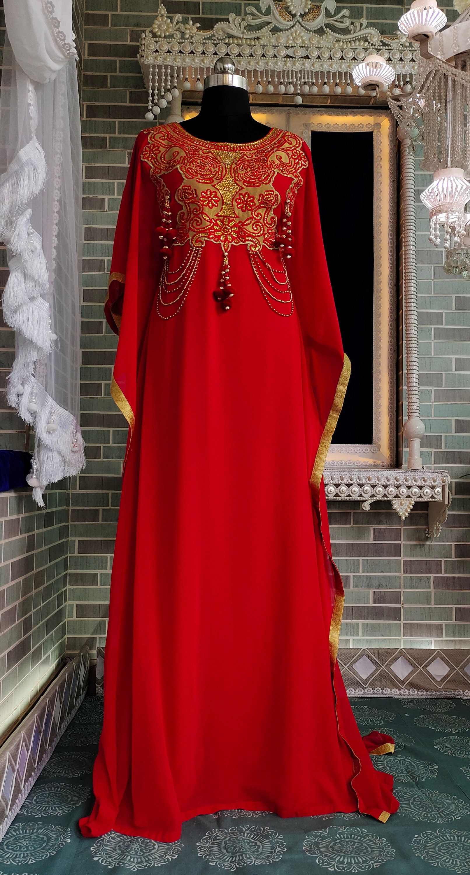 kaftan dress red Sindhura Embroidered Silk Kaftan