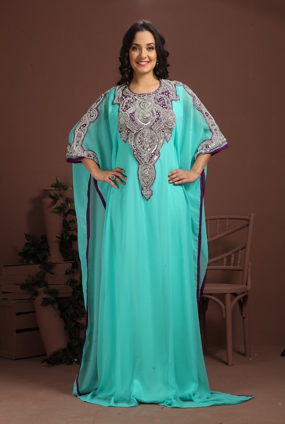Mint Green Hand Beaded Kaftan: Arabic Moroccan Maxi Gown - Etsy