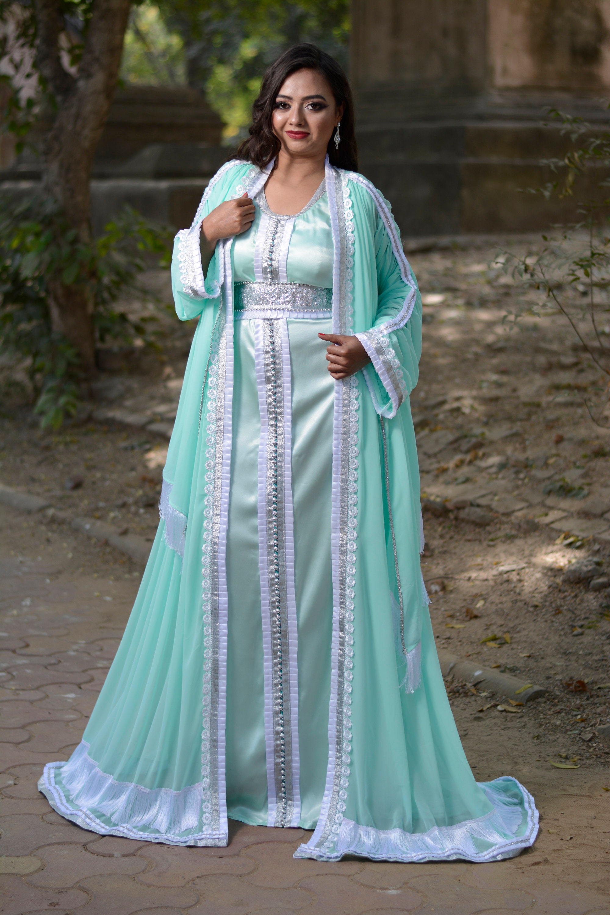 Mint Green Dubai Kaftan: Bridal Maxi Farasha Gown, Free Hijab