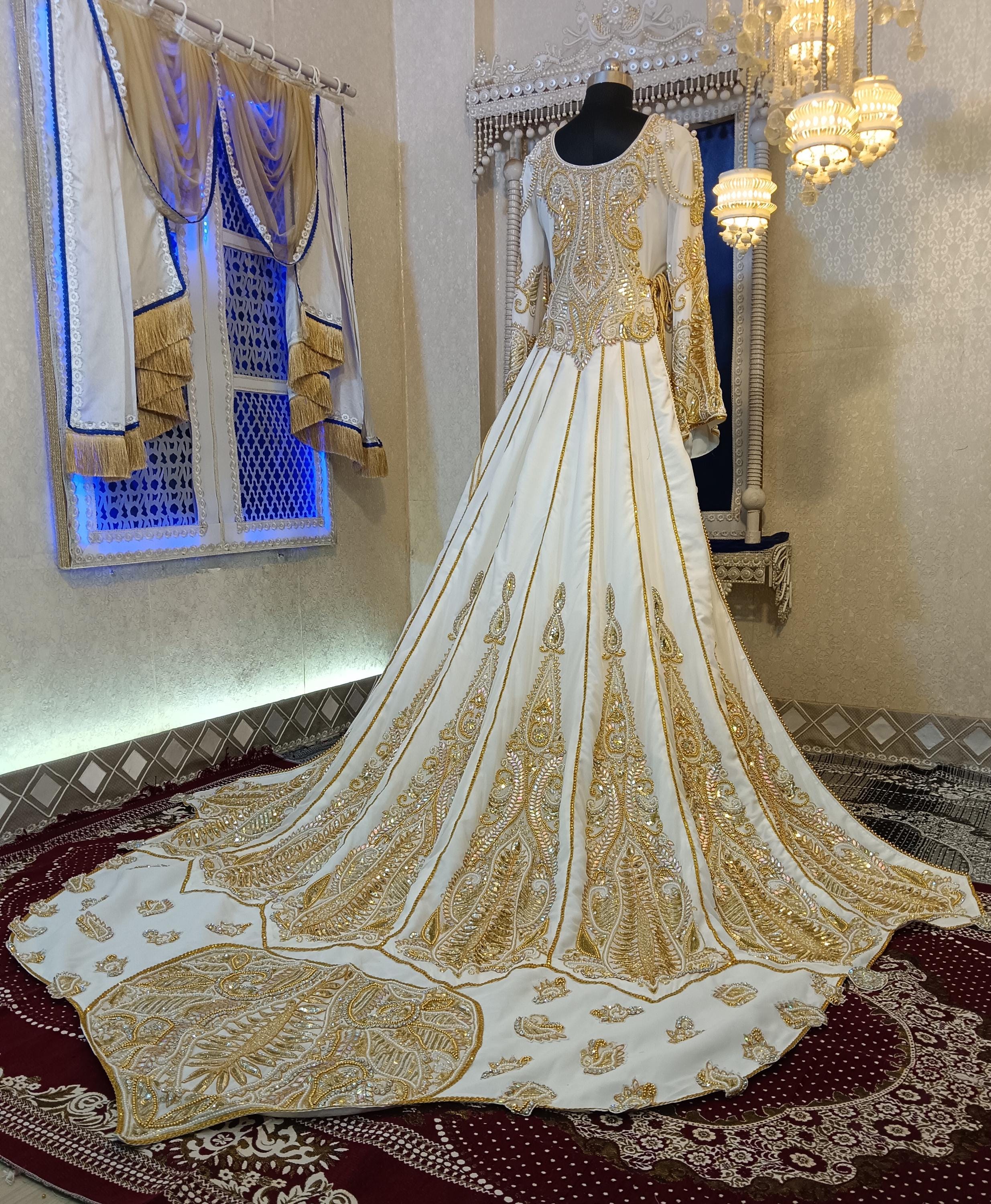 Hand Beaded White Moroccan Kaftan: Islamic Wedding Takchita with Embroidery Hijab