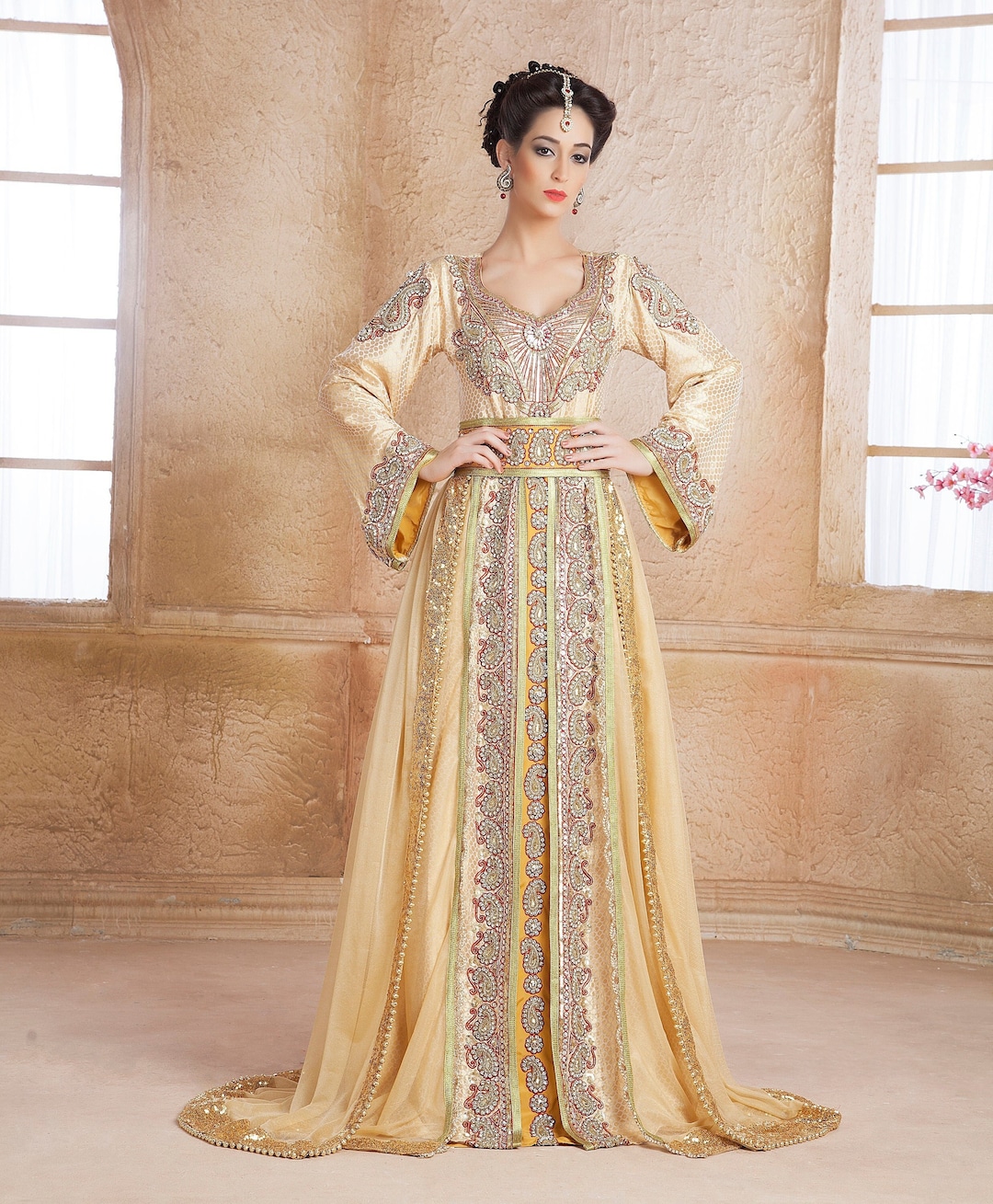 arabic kaftan evening dresses Luxury Dubai Kaftan Arabic 2 Pieces Evening Dress SS691
