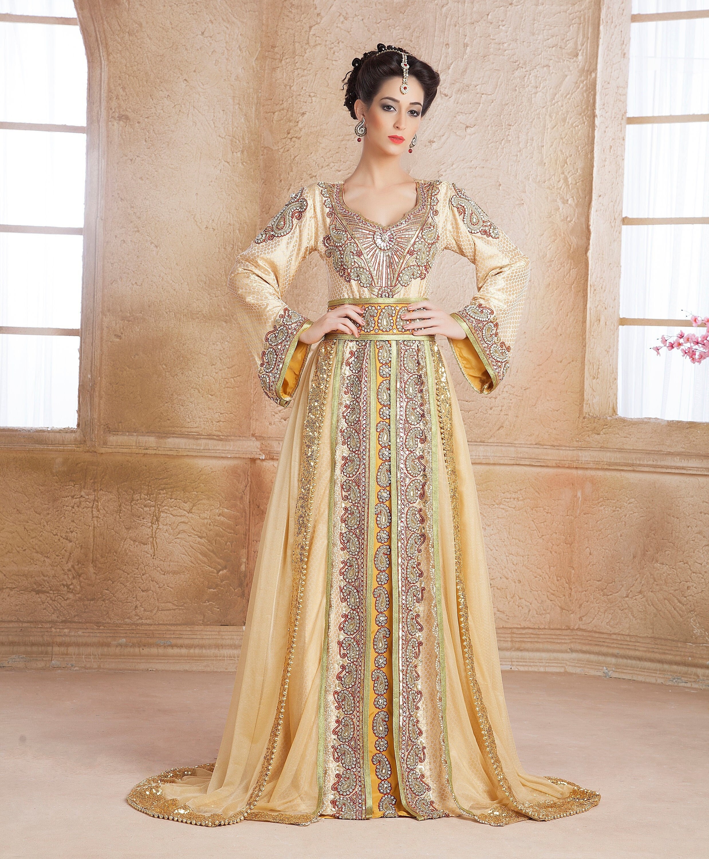 Beige Hand Beaded Kaftan: Dubai Arabic Maxi Dress With Embroidery