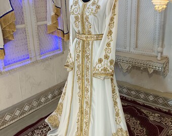 slim fit dress slacks White & Gold Moroccan Jabador, Muslim Nikkah Dress for Men main image 1
