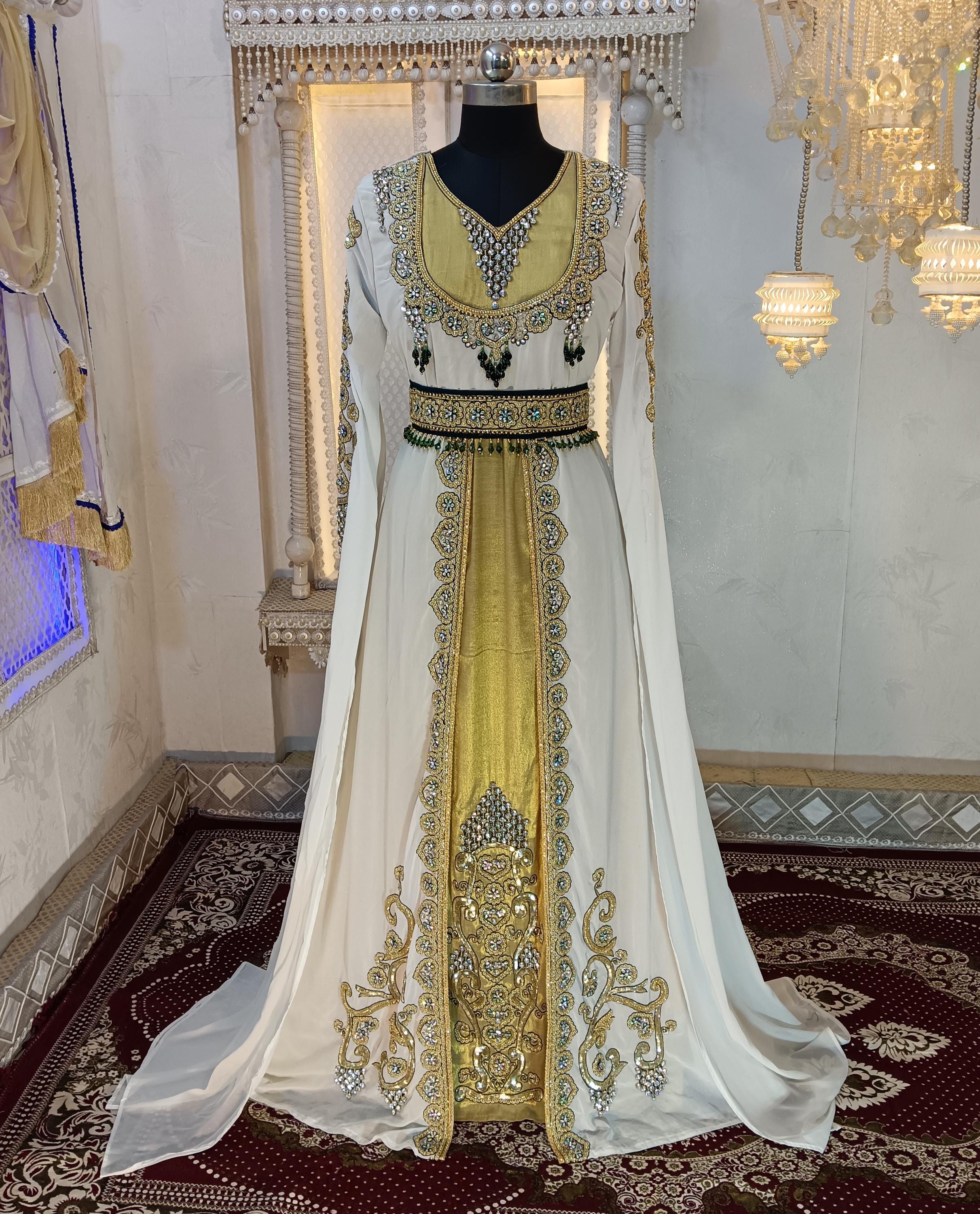 White and Gold Unique Wedding Exclusive Moroccan Kaftans, Islamic Wedding Designer Caftan Arabic Maxi Hand Beaded Party Wear Kaftan