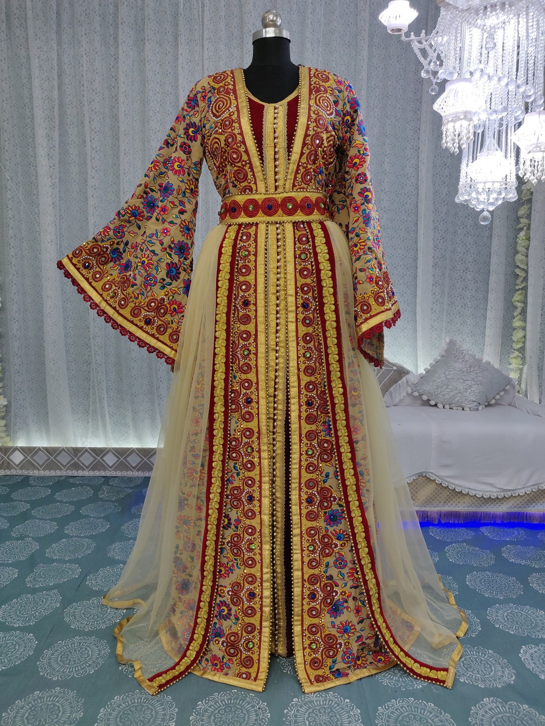Buy Beige and Maroon Dubai Moroccan Kaftan Islamic Designer Embroidery Caftan Arabic Maxi Wedding Dress Israeli Moroccan Kaftan Online in India Etsy