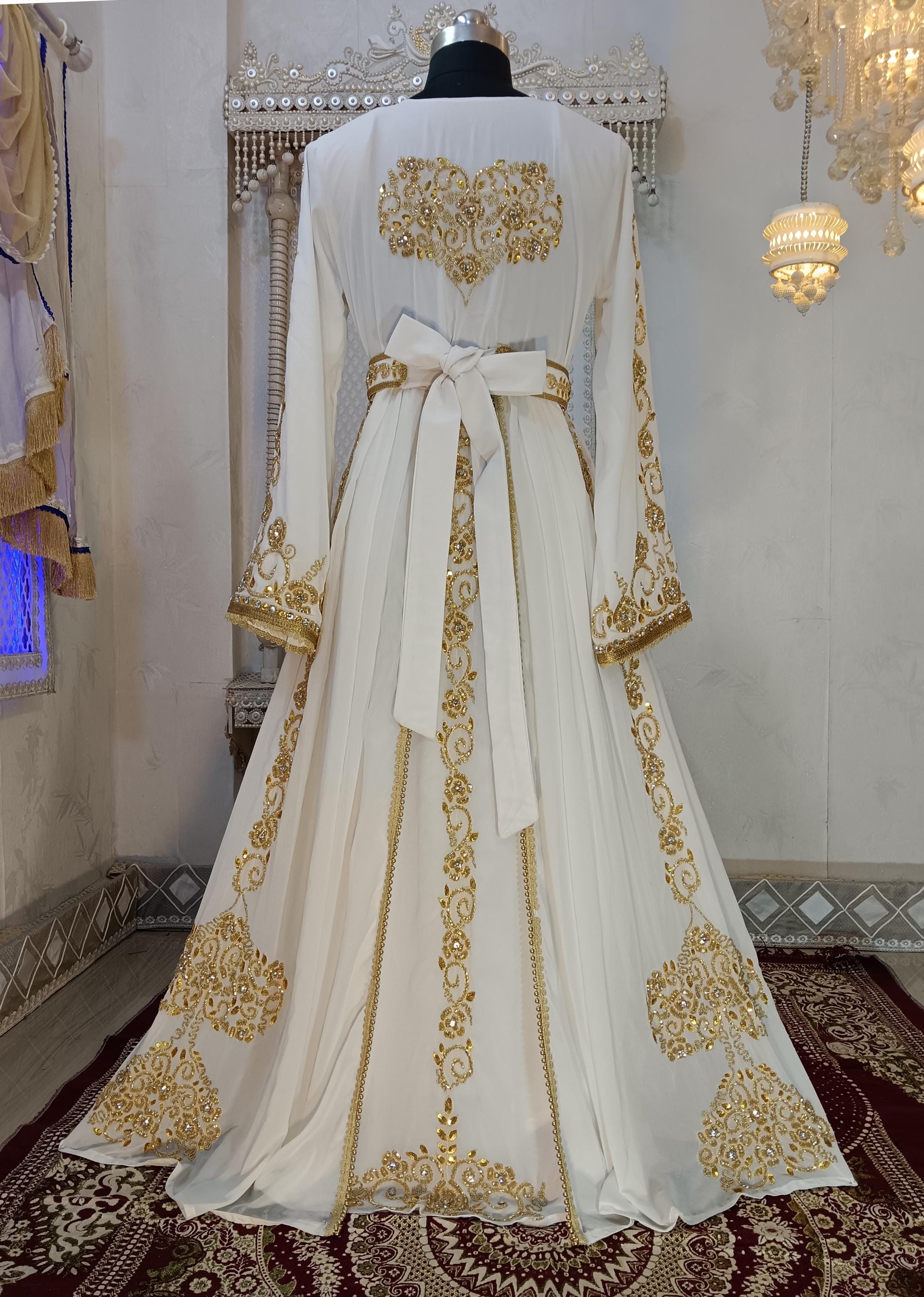 White and Gold Islamic Kaftan, Hand Beaded Moroccan Wedding Maxi Dress with Embroidery Hijab