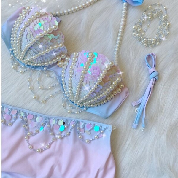 Inspirado en la Sirenita de Ariel, parte superior del sujetador de perlas y pantalones de bikini - Princesas de Disney, Cosplay de Disney, Fiestas de princesas